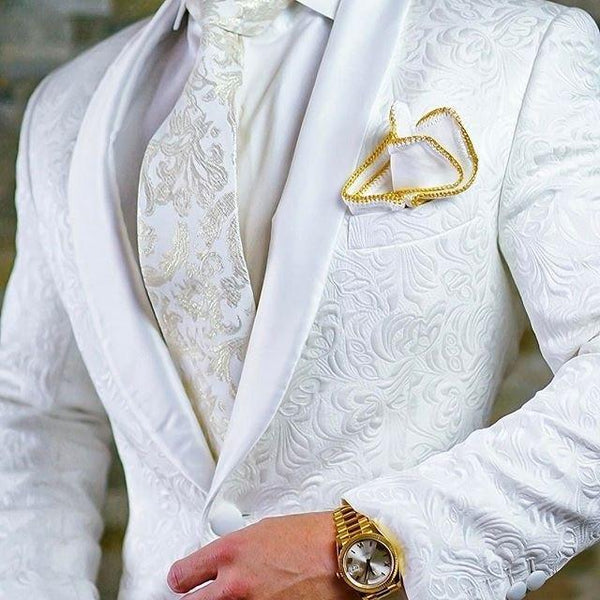 Custom Size Jacquard Groomsmen White Groom Tuxedos Shawl - Super Amazing Store