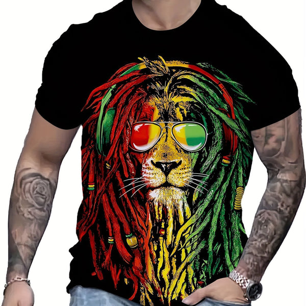 Men's Fashionable Lion Pattern Shirt, Casual Breathable Round Neck Short Sleeved T-shirt Top, Suitable For City Strolling, Street Hanging, Outdoor Activities Super Amazing Store