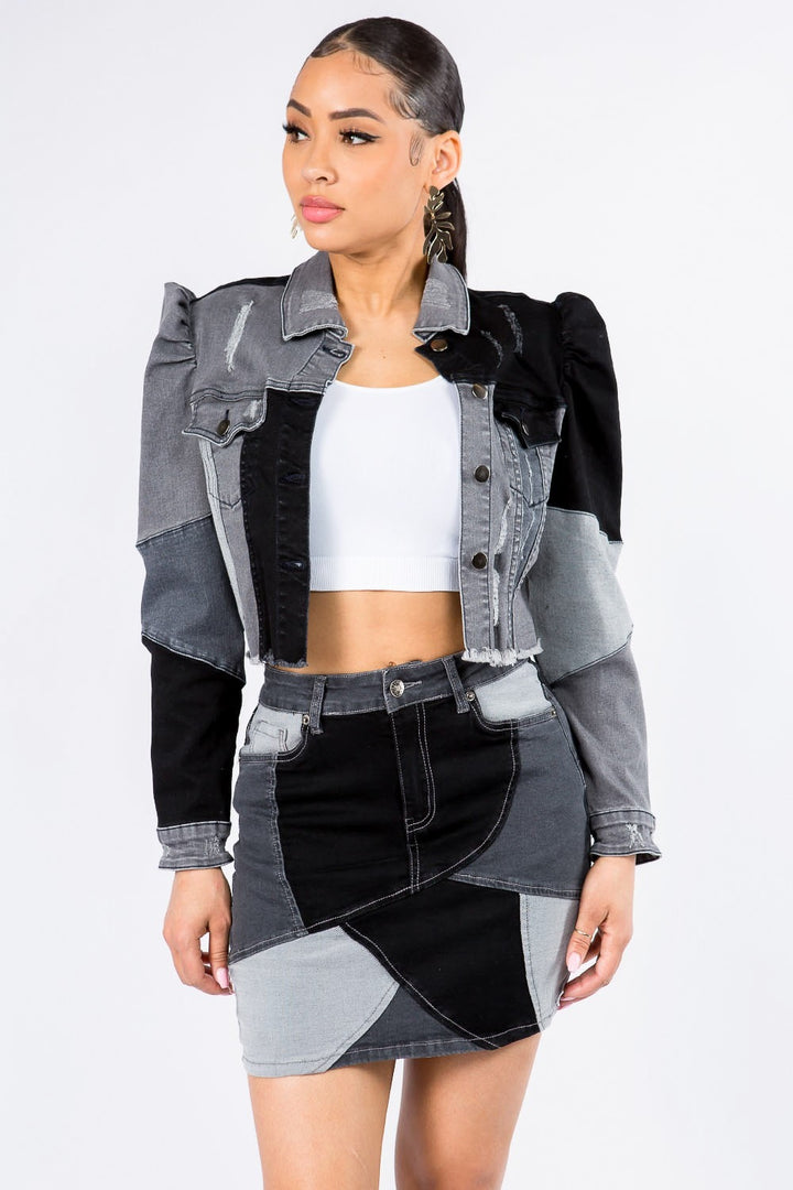 American Bazi Button Up Cropped Patchwork Denim Jacket Trendsi