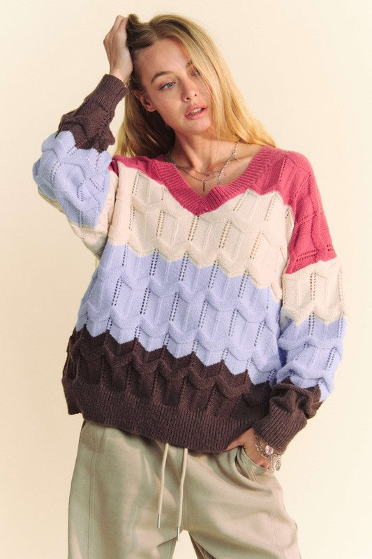 Davi & Dani Wavy Texture Color Block V-Neck Sweater Trendsi