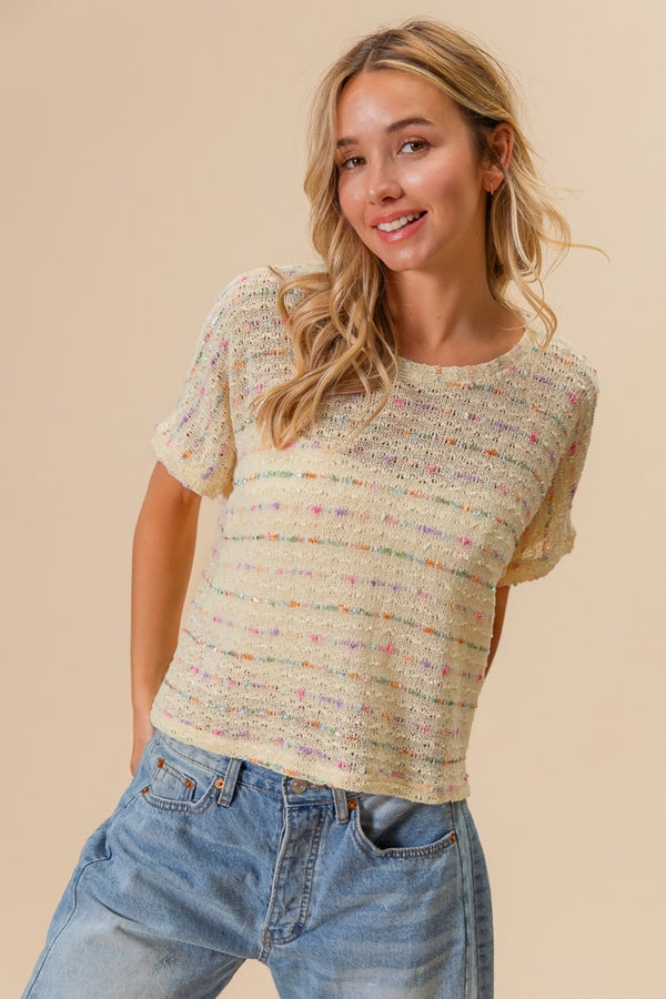 BiBi Striped Popcorn Knit Top Trendsi