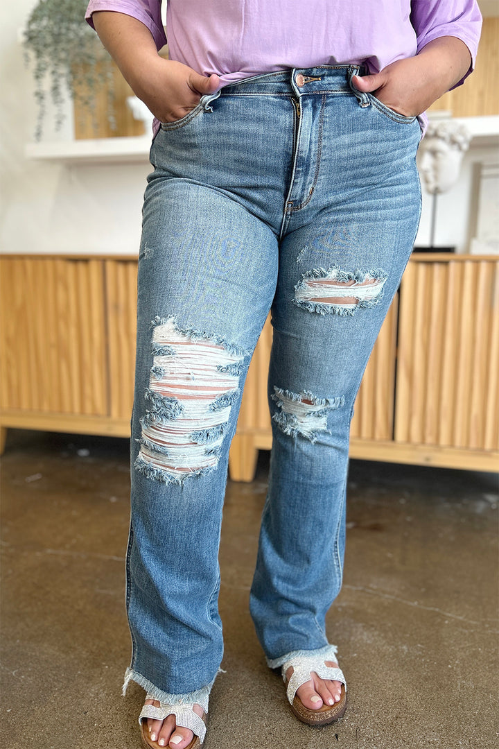 Judy Blue Full Size Distressed Raw Hem Bootcut Jeans Trendsi