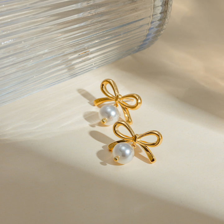 Stainless Steel Bow Pearl Earrings Trendsi