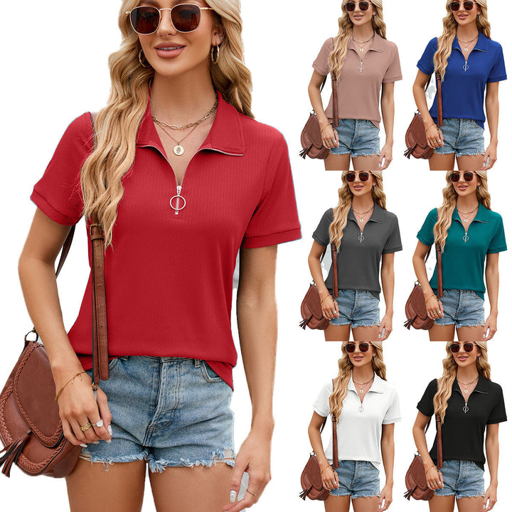 Summer Short Sleeve T-shirt Casual Loose Solid Color Zipper And Lapel Top-Super Amazing Store