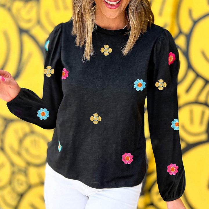 Pullover Long Sleeve Flower Embroidered Sweater - Super Amazing Store