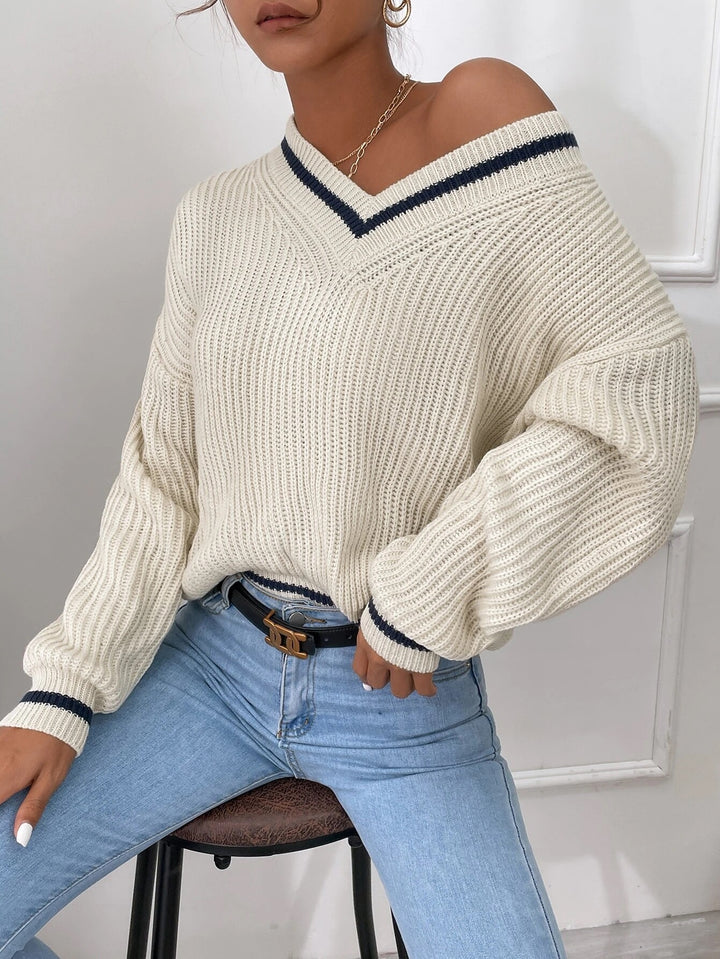 Winter Women's Knit V Neck Sweaters Casual Long Sleeve Striped Pullover Sweater - Super Amazing Store