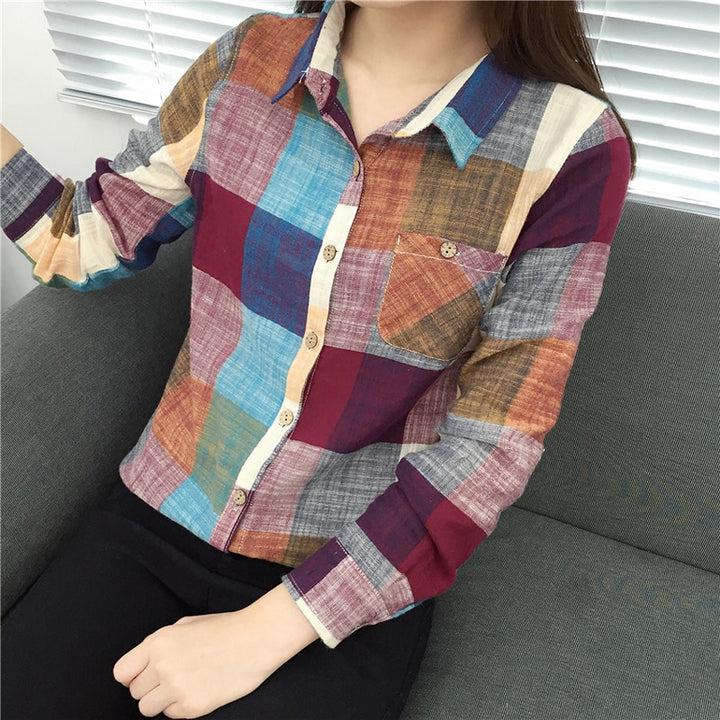 Casual Plaid Women Blouses Vintage Linen Cotton Long Female Shirts Tops - Super Amazing Store