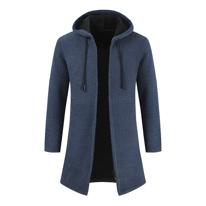 Men's Solid Color Cashmere Knitting Cardigan Hooded Medium Long Sweater Q2