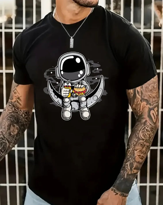 Cartoon Astronaut Pattern T-shirt, Summer Men's Casual Street Style Elastic Round Neck T-shirt Super Amazing Store