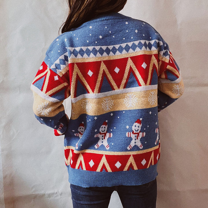 Printed Round Neck Long Sleeve Sweater Trendsi