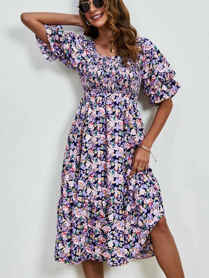 Smocked Floral Square Neck Short Sleeve Dress Trendsi