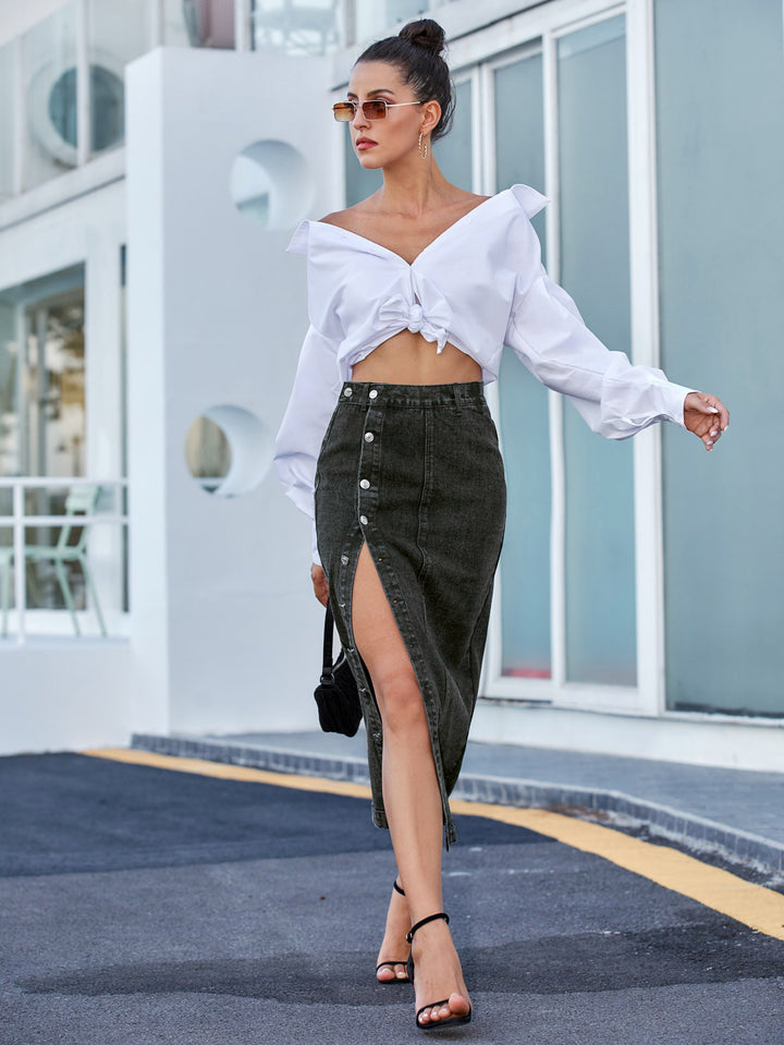 Button Irregular Slit Skirt Denim High Waist Long Skirt - Super Amazing Store