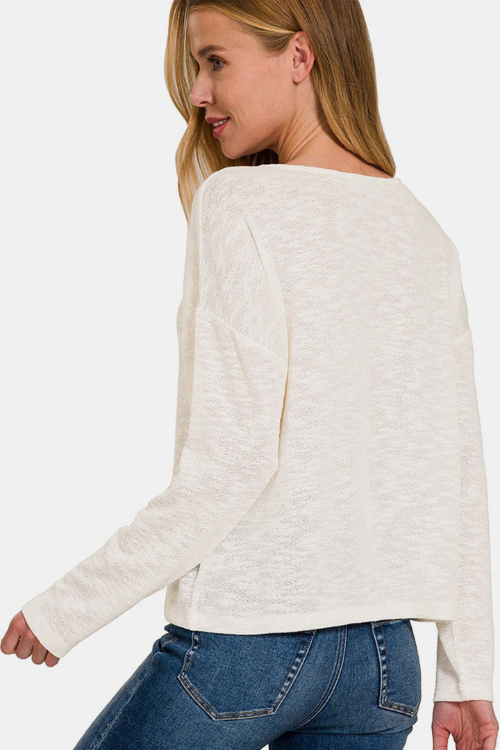 Zenana V-Neck Dropped Shoulder Long Sleeve T-Shirt Trendsi