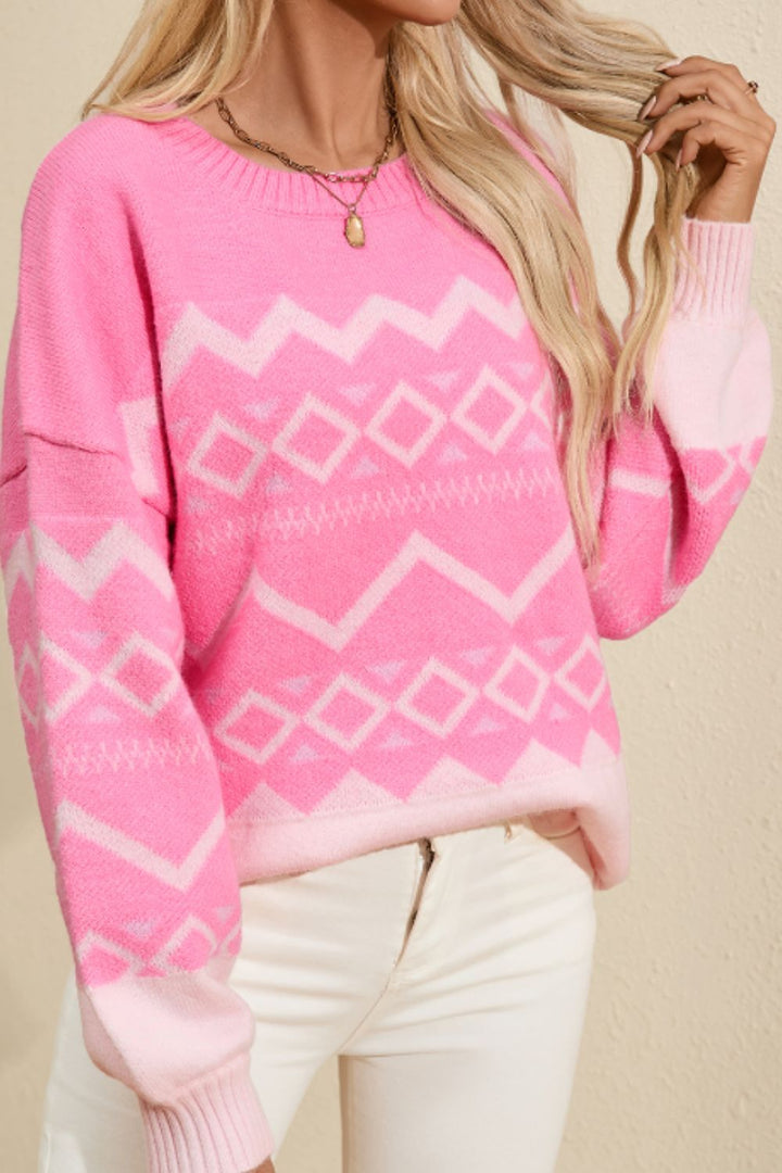 Geometric Drop Shoulder Long Sleeve Sweater Trendsi