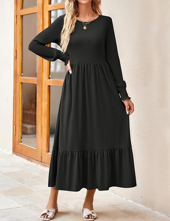 Women's Smocking Long Sleeve Round Neck Mid-length Dress Q2