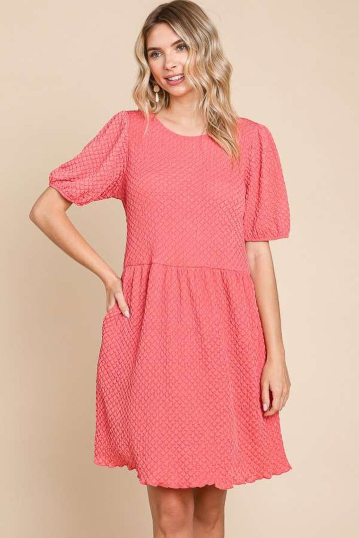 Culture Code Full Size Textured Round Neck Puff Sleeve Dress Trendsi