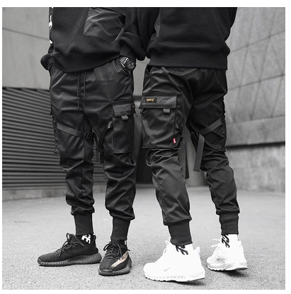 Men Black Hip Hop Cargo Pants Elastic Waist Jogger Trousers Sweatpants Pockets Full Length Casual Fashion-Super Amazing Store