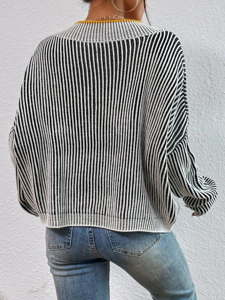 Striped V-Neck Long Sleeve Sweater Trendsi