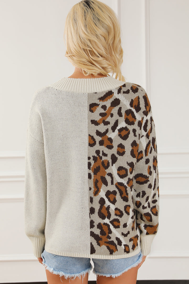 Leopard V Neck Drop Shoulder Sweater Trendsi