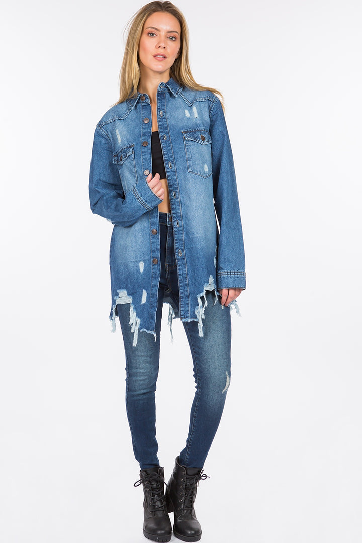 American Bazi Distressed Frayed Hem Denim Jacket Trendsi