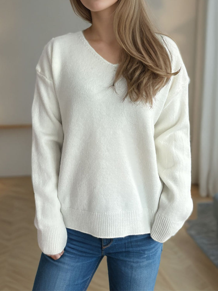 V-Neck Dropped Shoulder Long Sleeve Sweater Trendsi