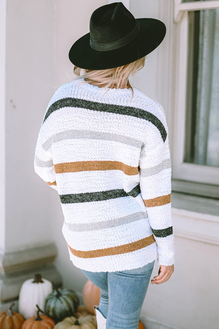 Striped Round Neck Dropped Shoulder Sweater Trendsi