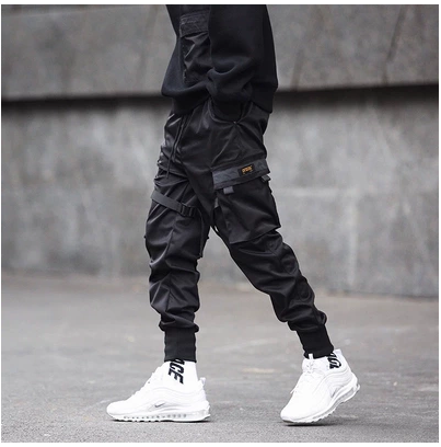 Men Black Hip Hop Cargo Pants Elastic Waist Jogger Trousers Sweatpants Pockets Full Length Casual Fashion-Super Amazing Store