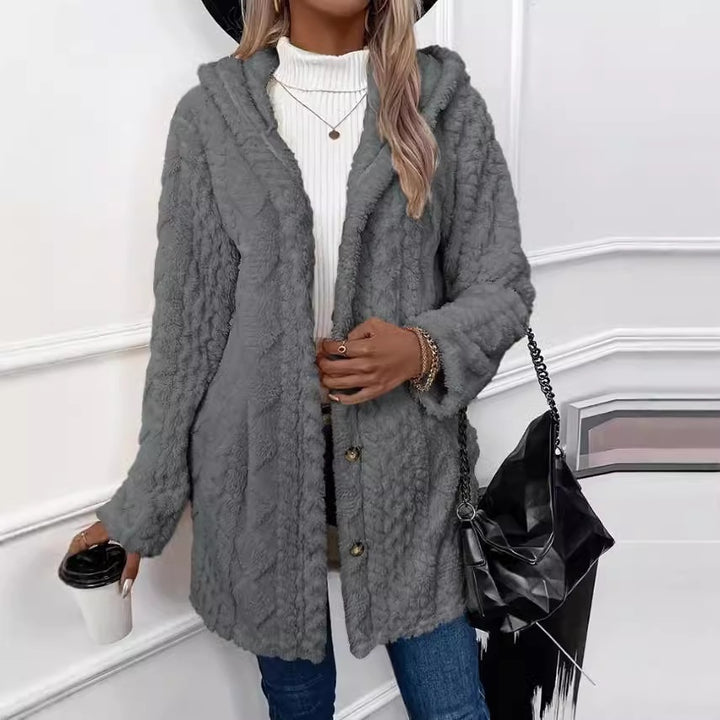 Hooded Cardigan Button Long Jacket Winter Solid Color Long Sleeve Coat Q2