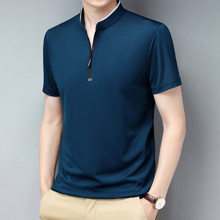 Summer Stand Collar Short Sleeve Men's Half Zipper Solid Color Trendy Casual Men's T-shirt Super Amazing Store