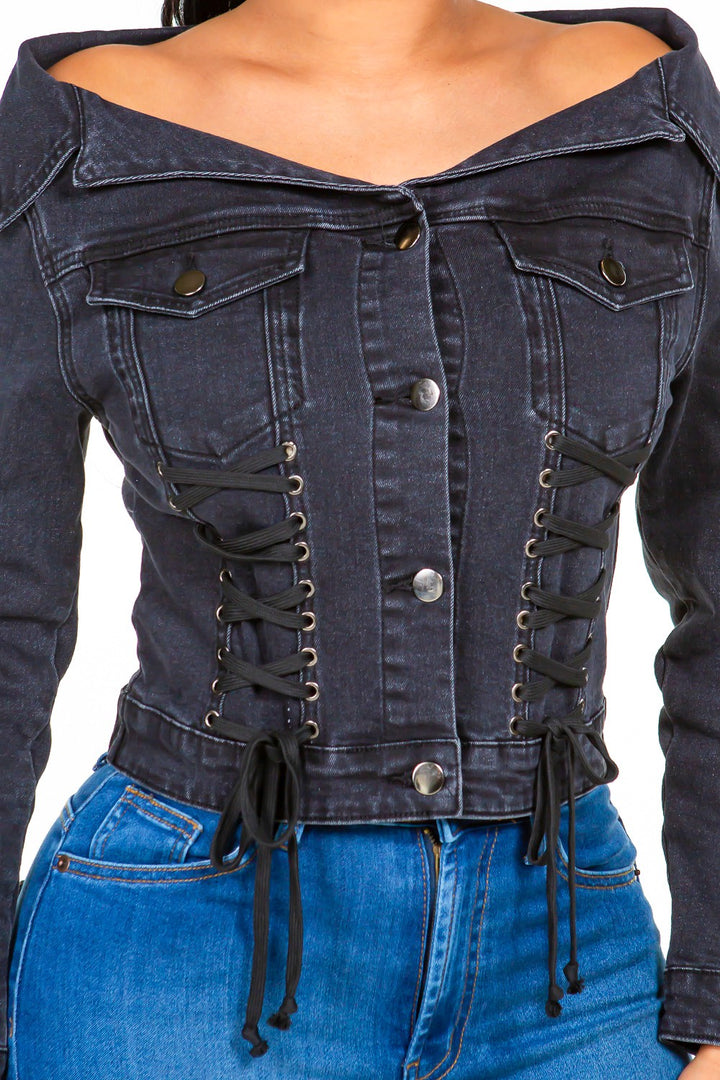 American Bazi Off Shoulder Lace Up Denim Jacket Trendsi