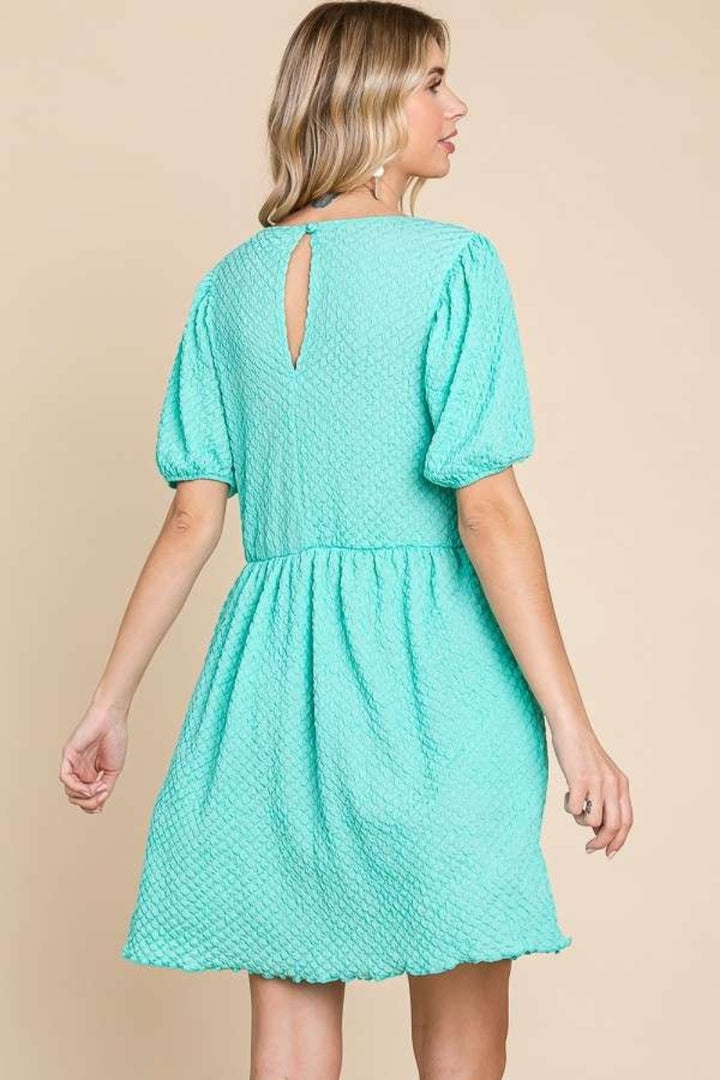 Culture Code Full Size Textured Round Neck Puff Sleeve Dress Trendsi