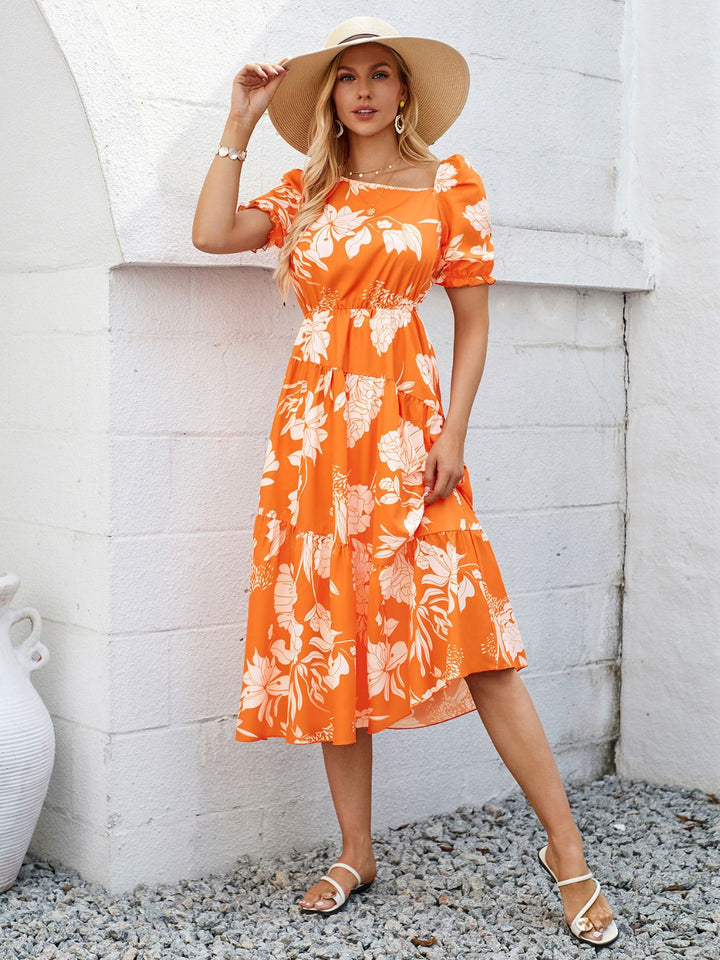 Printed Asymmetric Neck Short Sleeve Midi Dress Trendsi