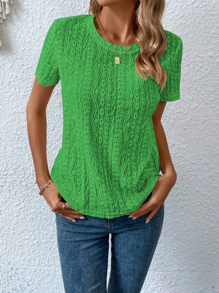 Hollowed Leisure Solid Color Round Neck T-shirt-Super Amazing Store