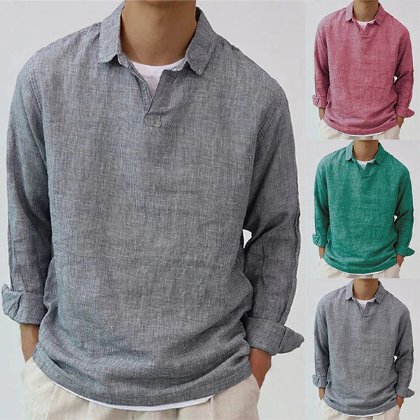 Men's Pullover Shirt Solid Color Long Sleeve Lapel Oversize Casual Top Tee Q2