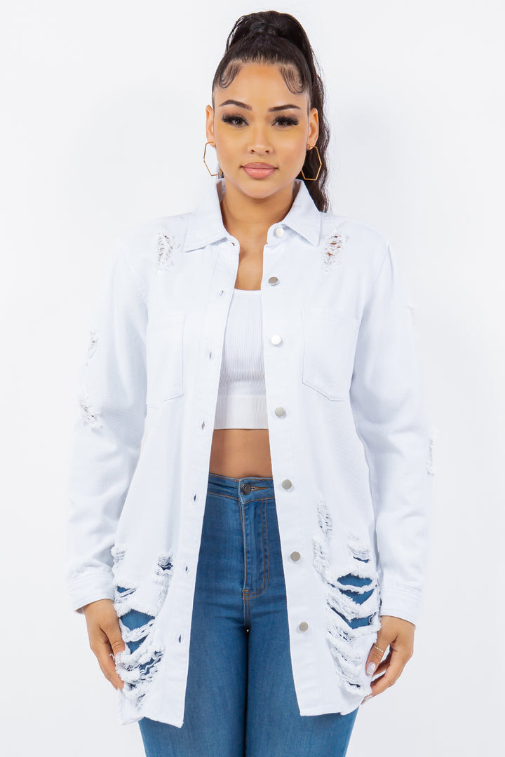 American Bazi Distressed Button Up Long Sleeve Denim Jacket Trendsi