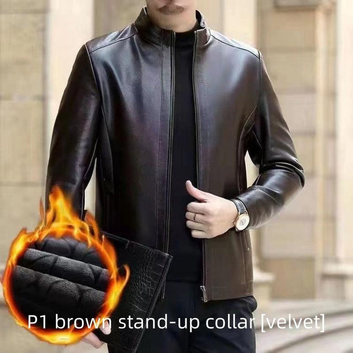 Leather Jacket For Middle-aged Men Leather Clothing With Stand Collar Men Fleece-lined-Super Amazing Store