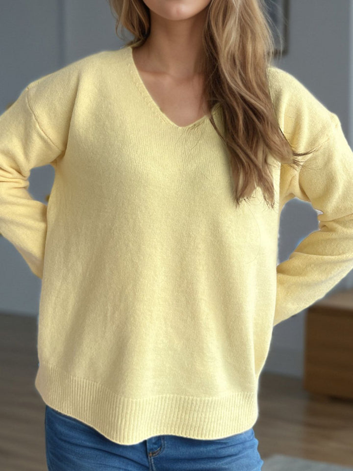 V-Neck Dropped Shoulder Long Sleeve Sweater Trendsi