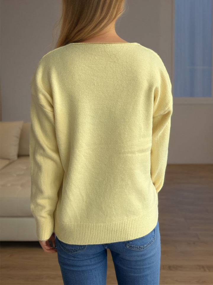 V-Neck Dropped Shoulder Long Sleeve Sweater Trendsi