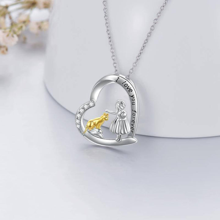 Sterling Silver Cat with A Girl I Love You Forever Necklace Jewelry - Super Amazing Store