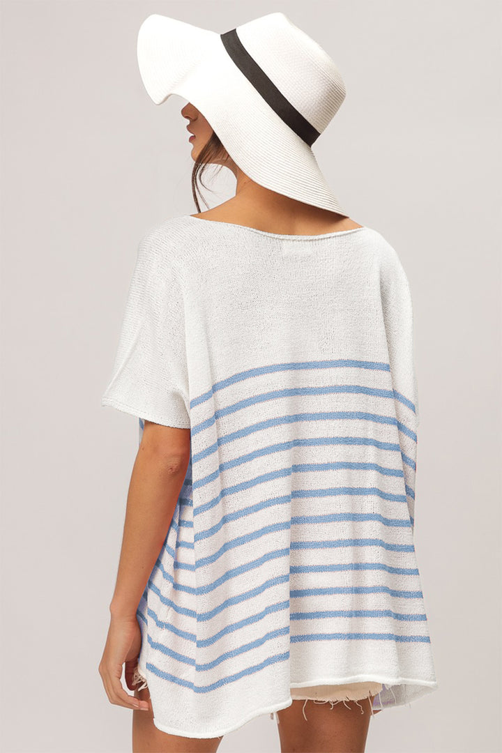 BiBi V Neck Striped Short Sleeve Top Trendsi