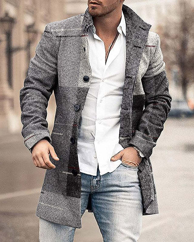 Autumn And Winter Men's Woolen Stand Collar Medium Long Pocket Casual Coat Q2