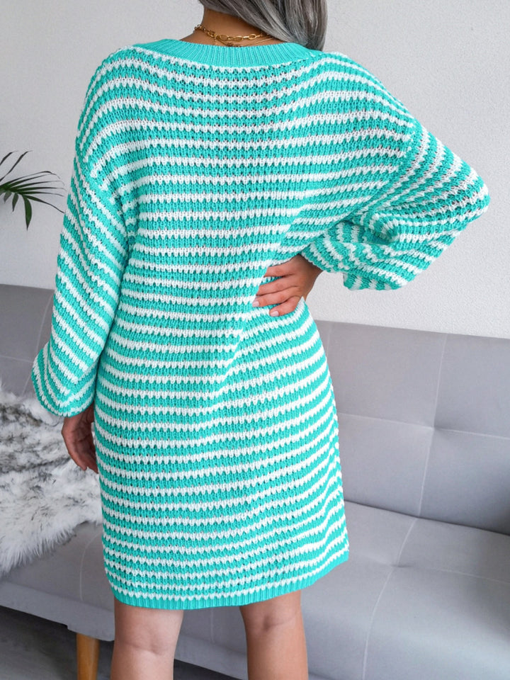 Striped V-Neck Long Sleeve Mini Sweater Dress Trendsi