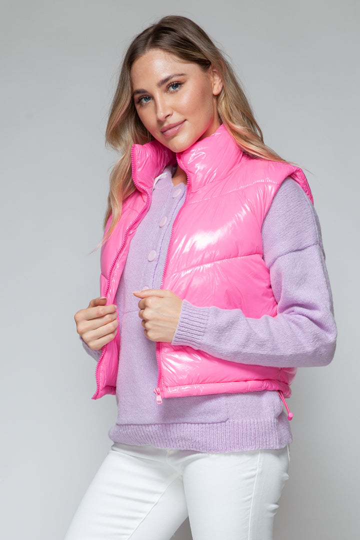 Snobbish Zip Up Turtleneck Shiny Quilted Vest Trendsi