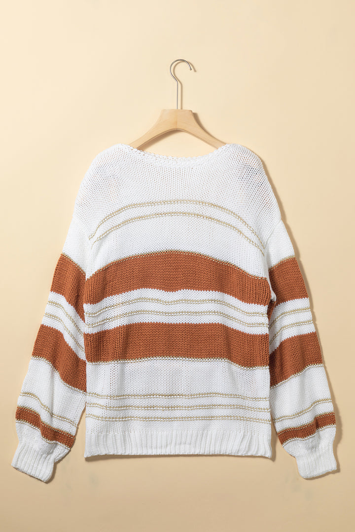 Striped Round Neck Dropped Shoulder Sweater Trendsi