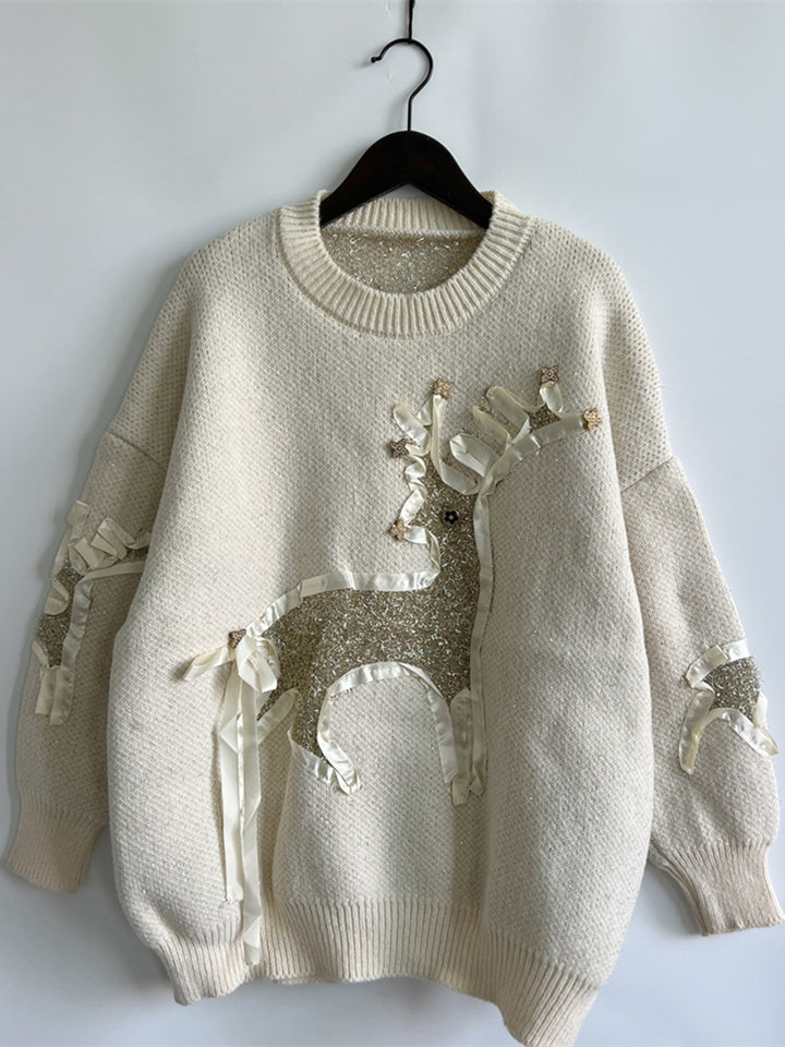 Reindeer Round Neck Long Sleeve Sweater Trendsi