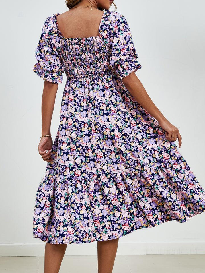 Smocked Floral Square Neck Short Sleeve Dress Trendsi