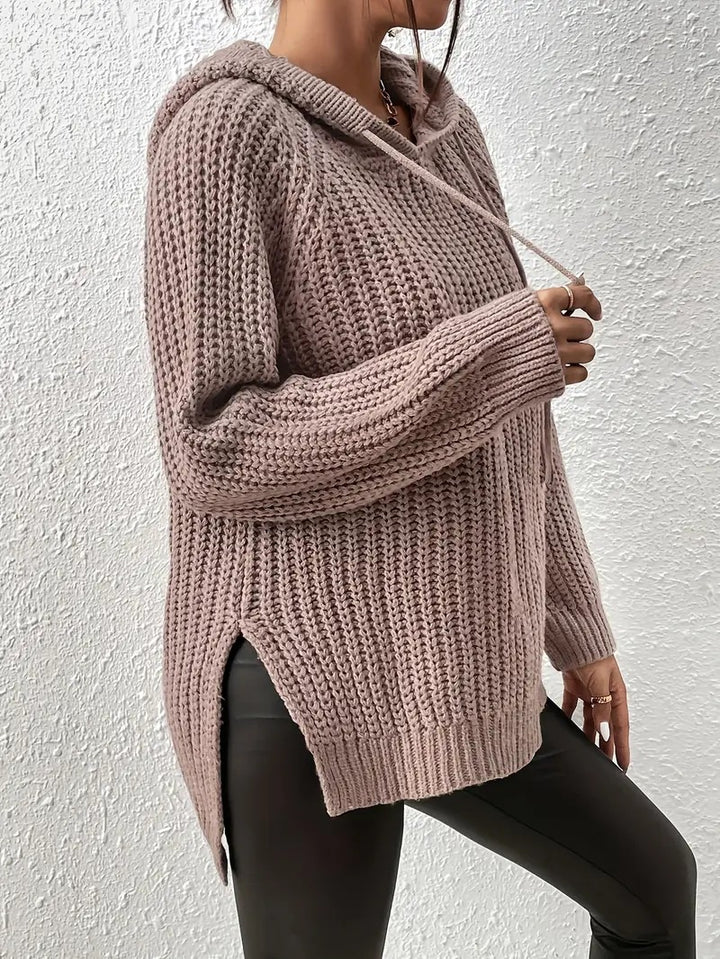 High-Low Side Slit Drawstring Long Sleeve Hooded Sweater Trendsi