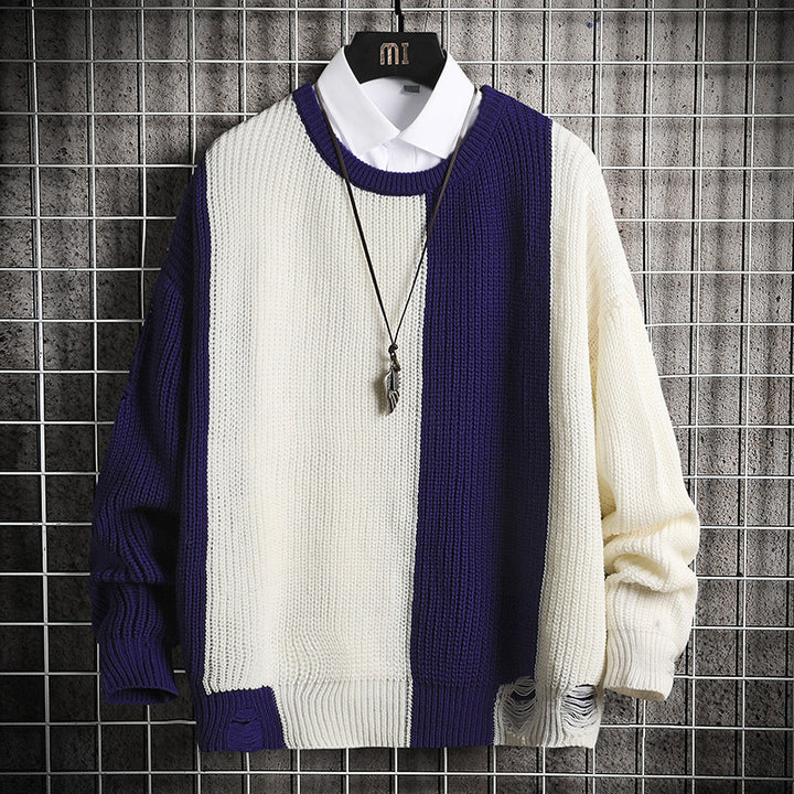 Contrast Stitching Round Neck Pullover Sweater - Super Amazing Store