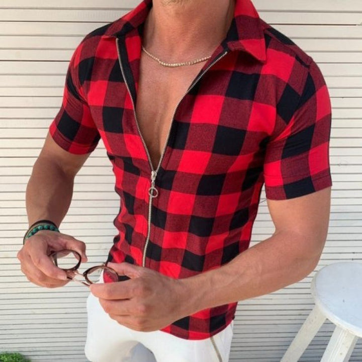 Plaid T Shirt Mens Zipper Short Sleeve Shirts Summer Men Clothing Q2