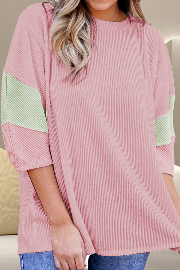 Color Block Round Neck Three-Quarter Sleeve Blouse Trendsi